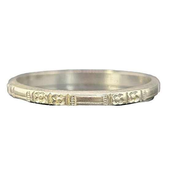 Vintage Art Deco floral Wedding band, eternity, stacking ring 18 K White Gold si